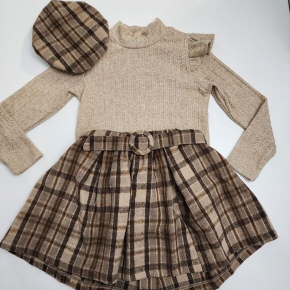 Girls 3 Piece Brown Plaid Paris Fashion Turtleneck, Beret, & Skirt Outfit Size 6 - Picture 1 of 9